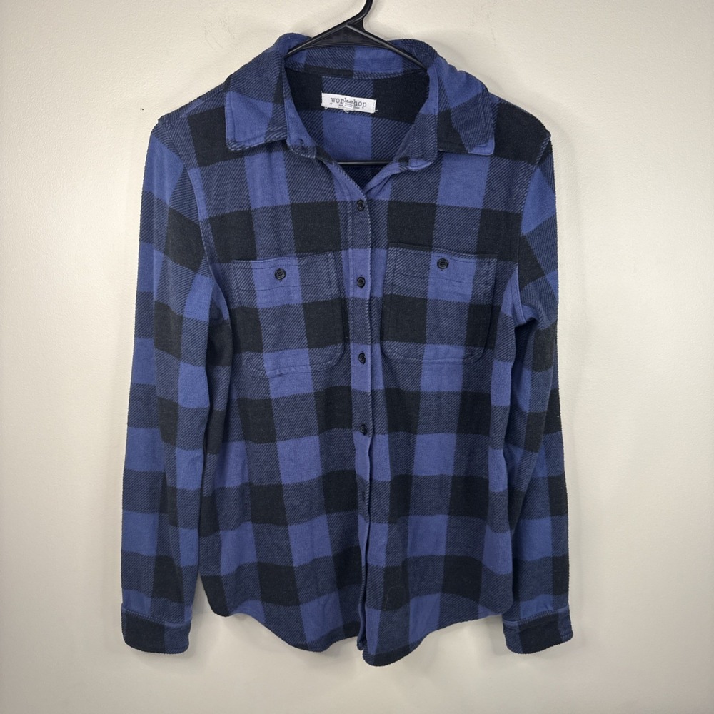 Workshop Republic Clothing Fleece Flannel Heavyweight Shirt Blue Black Plaid S